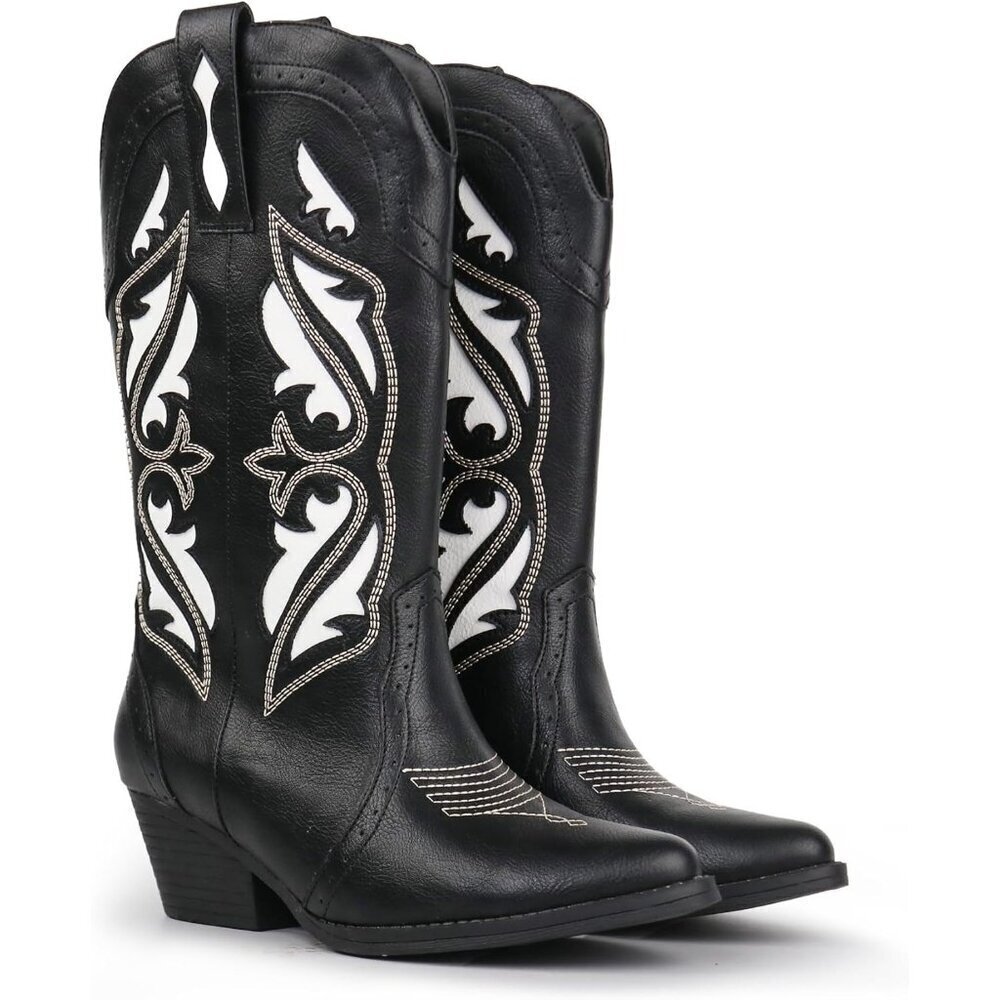 Hawkwell Women's Black Western Rodeo Cowgirl Chunky Block Heel Pull On Boot - Picture 5 of 6